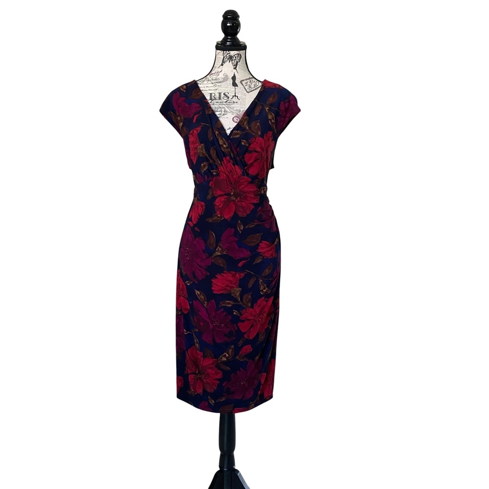 Lauren Ralph Lauren Dress Womens 16 Navy Blue Floral Surplice Sheath Cap Sleeve